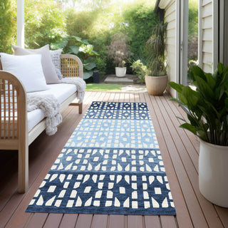 Piper Looms Chantille Geometric ACN964 Blue Machine Washable Area Rug Runner Outdoor Lifestyle Image Feature