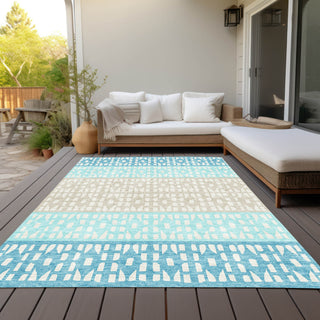 Piper Looms Chantille Geometric ACN964 Teal Machine Washable Area Rug Outdoor Lifestyle Image Feature
