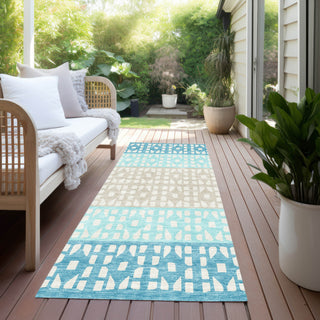 Piper Looms Chantille Geometric ACN964 Teal Machine Washable Area Rug Runner Outdoor Lifestyle Image Feature