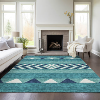 Piper Looms Chantille Southwest ACN965 Teal Machine Washable Area Rug Lifestyle Image Feature