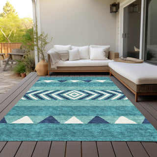 Piper Looms Chantille Southwest ACN965 Teal Machine Washable Area Rug Outdoor Lifestyle Image Feature
