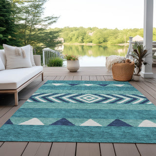 Piper Looms Chantille Southwest ACN965 Teal Machine Washable Area Rug Outdoor Lifestyle Image Feature