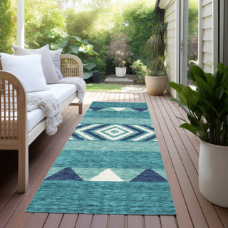 Piper Looms Chantille Southwest ACN965 Teal Machine Washable Area Rug Runner Outdoor Lifestyle Image Feature