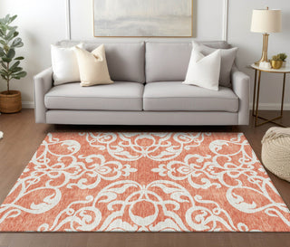 Piper Looms Chantille Damask ACN973 Coral Machine Washable Area Rug Lifestyle Image Feature