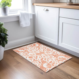 Piper Looms Chantille Damask ACN973 Coral Machine Washable Area Rug Scatter Lifestyle Image Feature