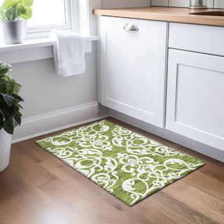 Piper Looms Chantille Damask ACN973 Green Machine Washable Area Rug Scatter Lifestyle Image Feature
