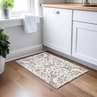 Piper Looms Chantille Damask ACN973 Taupe Machine Washable Area Rug Scatter Lifestyle Image Feature