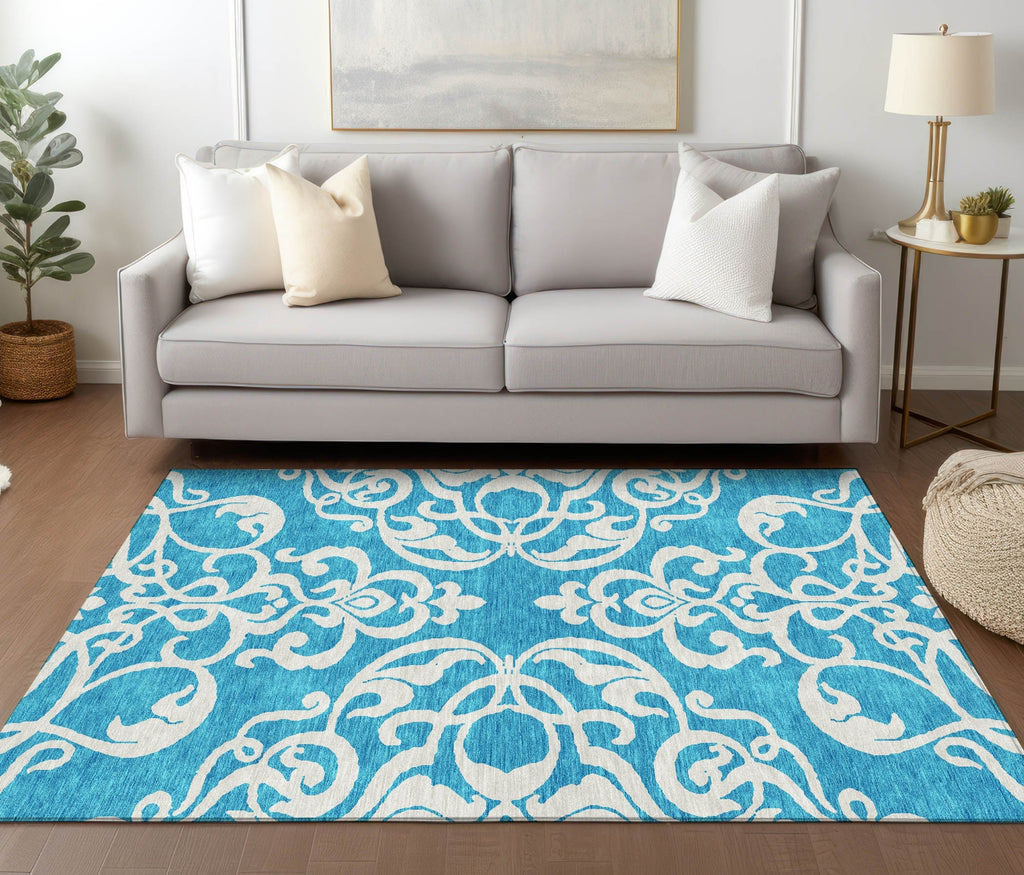 Piper Looms Chantille Damask ACN973 Turquoise Machine Washable Area Rug main image
