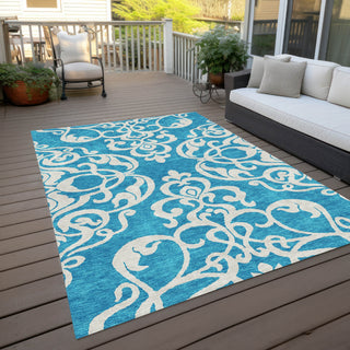 Piper Looms Chantille Damask ACN973 Turquoise Machine Washable Area Rug Outdoor Lifestyle Image Feature