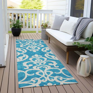 Piper Looms Chantille Damask ACN973 Turquoise Machine Washable Area Rug Runner Outdoor Lifestyle Image Feature