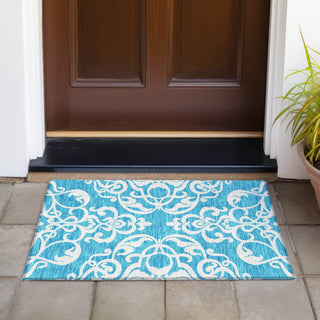Piper Looms Chantille Damask ACN973 Turquoise Machine Washable Area Rug Scatter Outdoor Lifestyle Image Feature