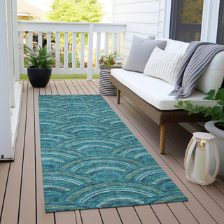 Piper Looms Chantille Circles ACN984 Teal Machine Washable Area Rug Runner Outdoor Lifestyle Image Feature
