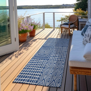 Piper Looms Chantille Geometric ACN990 Navy Machine Washable Area Rug Runner Outdoor Lifestyle Image Feature