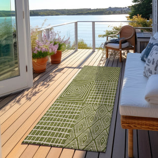 Piper Looms Chantille Geometric ACN990 Olive Machine Washable Area Rug Runner Outdoor Lifestyle Image Feature