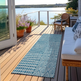Piper Looms Chantille Geometric ACN990 Teal Machine Washable Area Rug Runner Outdoor Lifestyle Image Feature