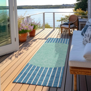Piper Looms Chantille Stripes ACN994 Teal Machine Washable Area Rug Runner Outdoor Lifestyle Image Feature