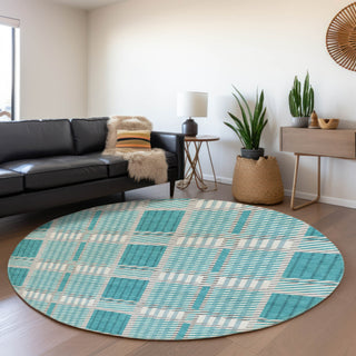 Piper Looms Mayfield Plaid AMF1000 Teal Machine Washable Area Rug Round Lifestyle Image Feature