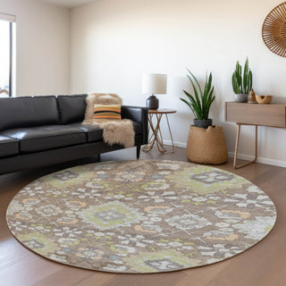 Piper Looms Mayfield Oriental AMF1002 Taupe Machine Washable Area Rug Round Lifestyle Image Feature