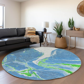 Piper Looms Mayfield Abstract AMF1005 Denim Machine Washable Area Rug Round Lifestyle Image Feature