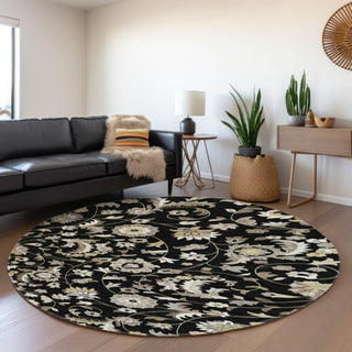 Piper Looms Mayfield Floral AMF1006 Black Machine Washable Area Rug Round Lifestyle Image Feature