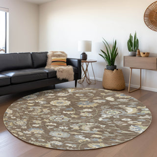 Piper Looms Mayfield Floral AMF1006 Chocolate Machine Washable Area Rug Round Lifestyle Image Feature