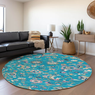 Piper Looms Mayfield Floral AMF1006 Teal Machine Washable Area Rug Round Lifestyle Image Feature