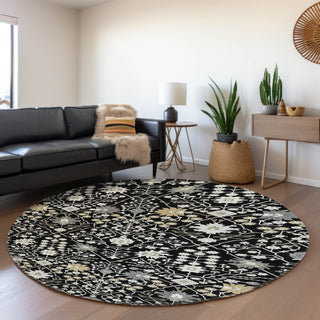 Piper Looms Mayfield Oriental AMF1009 Black Machine Washable Area Rug Round Lifestyle Image Feature