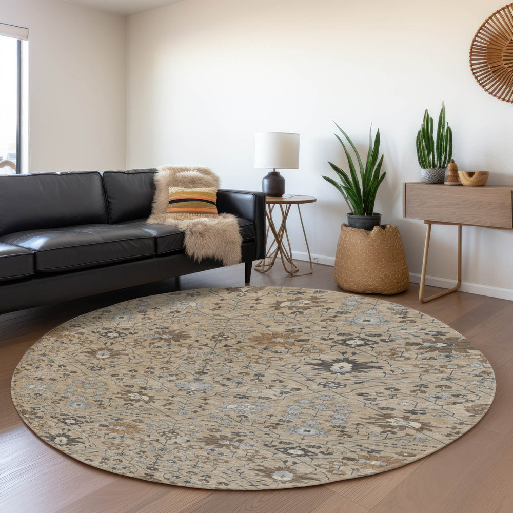 Piper Looms Mayfield Oriental AMF1009 Taupe Machine Washable Area Rug Round Lifestyle Image Feature