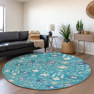 Piper Looms Mayfield Oriental AMF1009 Teal Machine Washable Area Rug Round Lifestyle Image Feature
