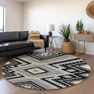 Piper Looms Mayfield Tribal AMF1010 Black Machine Washable Area Rug Round Lifestyle Image Feature