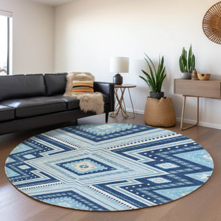 Piper Looms Mayfield Tribal AMF1010 Navy Machine Washable Area Rug Round Lifestyle Image Feature