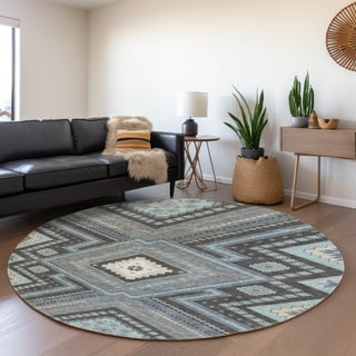 Piper Looms Mayfield Tribal AMF1010 Pewter Machine Washable Area Rug Round Lifestyle Image Feature