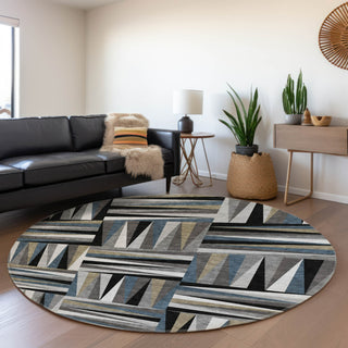 Piper Looms Mayfield Squares AMF1012 Black Machine Washable Area Rug Round Lifestyle Image Feature