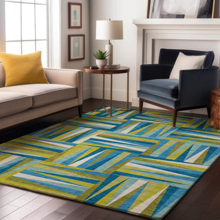 Piper Looms Mayfield Squares AMF1012 Teal Machine Washable Area Rug Lifestyle Image Feature