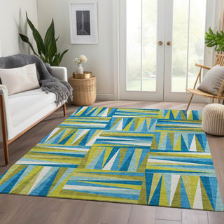 Piper Looms Mayfield Squares AMF1012 Teal Machine Washable Area Rug Lifestyle Image Feature