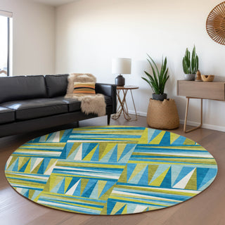 Piper Looms Mayfield Squares AMF1012 Teal Machine Washable Area Rug Round Lifestyle Image Feature