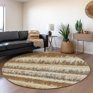 Piper Looms Mayfield Stripes AMF1013 Mocha Machine Washable Area Rug Round Lifestyle Image Feature