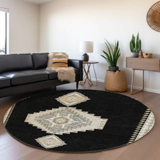 Piper Looms Mayfield Oriental AMF1014 Black Machine Washable Area Rug Round Lifestyle Image Feature