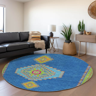 Piper Looms Mayfield Oriental AMF1014 Denim Machine Washable Area Rug Round Lifestyle Image Feature