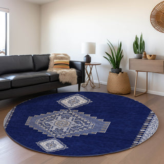 Piper Looms Mayfield Oriental AMF1014 Navy Machine Washable Area Rug Round Lifestyle Image Feature