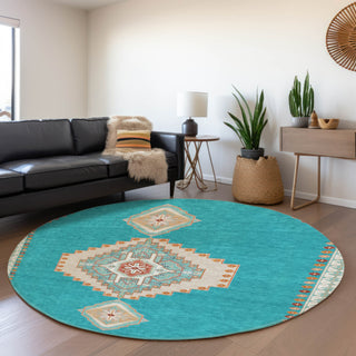 Piper Looms Mayfield Oriental AMF1014 Teal Machine Washable Area Rug Round Lifestyle Image Feature