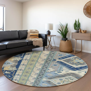 Piper Looms Mayfield Aztec AMF1015 Navy Machine Washable Area Rug Round Lifestyle Image Feature