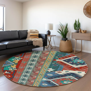 Piper Looms Mayfield Aztec AMF1015 Red Machine Washable Area Rug Round Lifestyle Image Feature