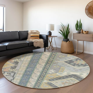 Piper Looms Mayfield Aztec AMF1015 Silver Machine Washable Area Rug Round Lifestyle Image Feature