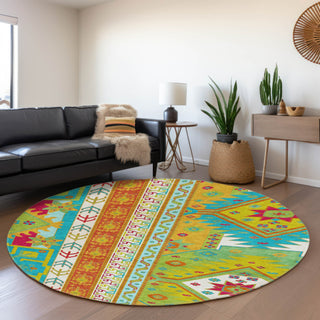 Piper Looms Mayfield Aztec AMF1015 Teal Machine Washable Area Rug Round Lifestyle Image Feature