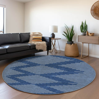 Piper Looms Mayfield Geometric AMF1016 Navy Machine Washable Area Rug Round Lifestyle Image Feature
