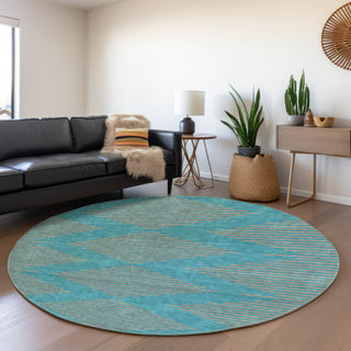 Piper Looms Mayfield Geometric AMF1017 Teal Machine Washable Area Rug Round Lifestyle Image Feature