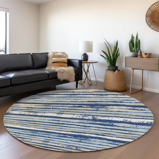 Piper Looms Mayfield Stripes AMF1019 Navy Machine Washable Area Rug Round Lifestyle Image Feature