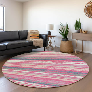 Piper Looms Mayfield Stripes AMF1019 Pink Machine Washable Area Rug Round Lifestyle Image Feature