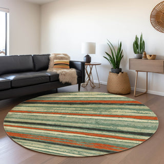 Piper Looms Mayfield Stripes AMF1019 Sage Machine Washable Area Rug Round Lifestyle Image Feature
